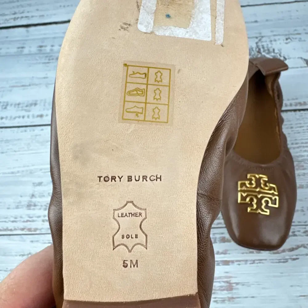 Tory Burch Britten Womens US 5M Ballet Flats Brown Leather Gold Logo
